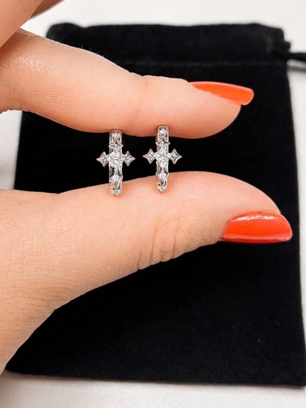 White Gold Cross Huggie Earrings - Clear CZ Accents